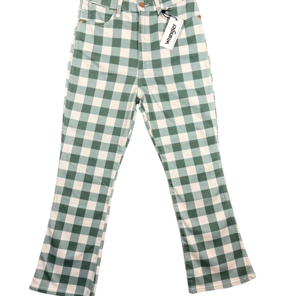 NEW Wrangler Wrock Gingham Kick Flare Western Boho Jeans Green Size 29 - Picture 1 of 6